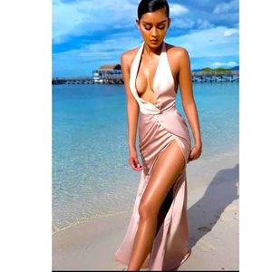 House of CB 'Soraya' Nude Satin Thigh Split Dress
